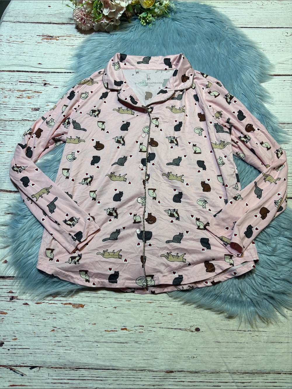 Ellen Degeneres Pink Cat-Print Long-Sleeve Pajama Top sz S